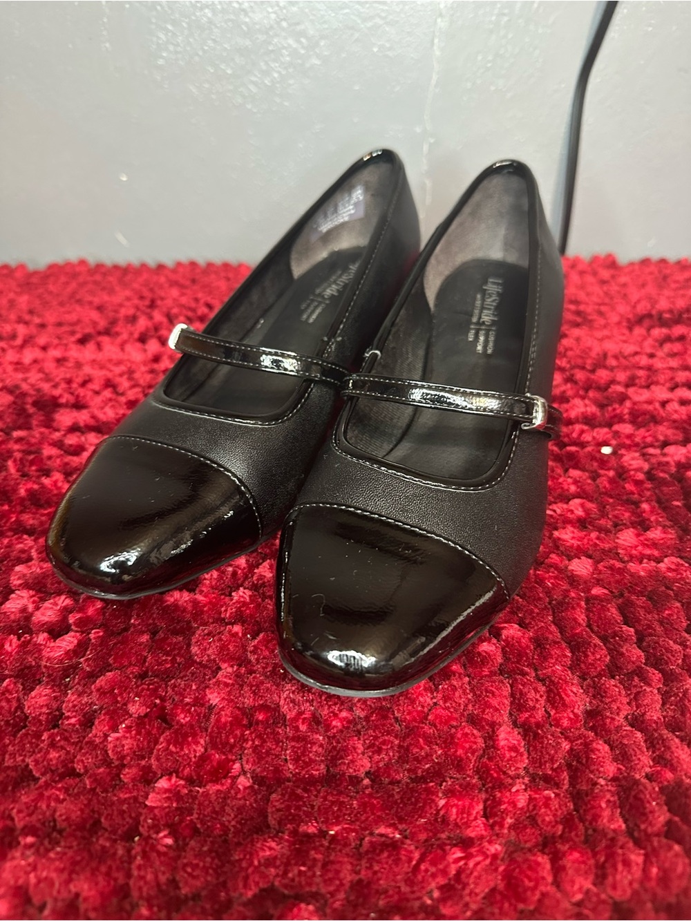 Brooks Black Mary Jane Flats with Patent Cap Toe